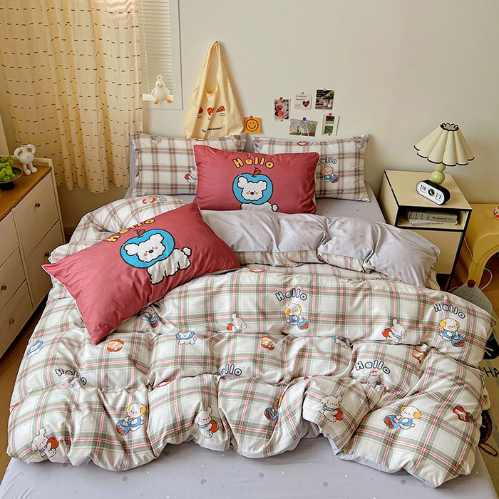 91家纺网 家纺一手货源 找家纺 海岛哥哥 2025新款105克软绵绵大版枕套四件套系列-大床图（有买家秀）复古绿格狗