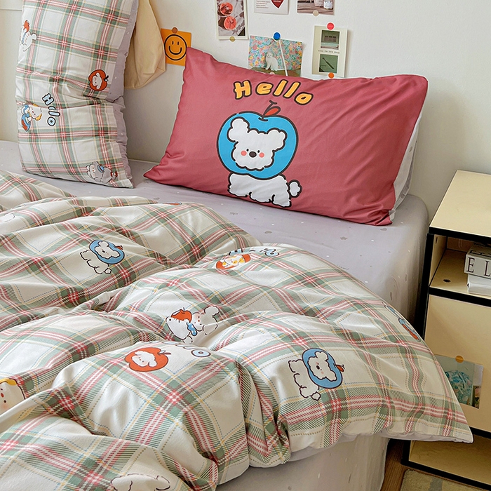 91家纺网 家纺一手货源 找家纺 海岛哥哥 2025新款105克软绵绵大版枕套四件套系列-大床图（有买家秀）复古绿格狗