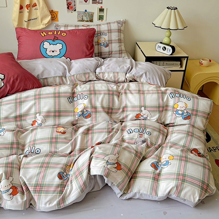 91家纺网 家纺一手货源 找家纺 海岛哥哥 2025新款105克软绵绵大版枕套四件套系列-大床图（有买家秀）复古绿格狗