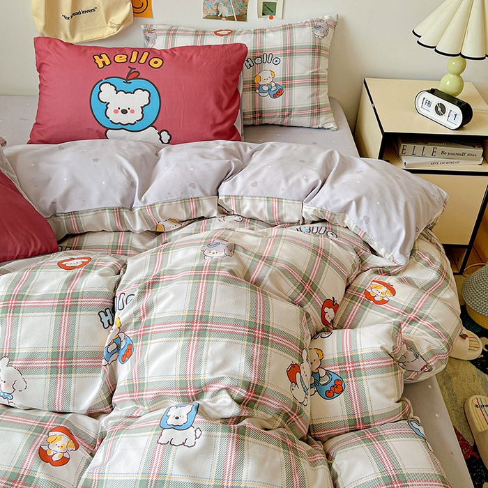 91家纺网 家纺一手货源 找家纺 海岛哥哥 2025新款105克软绵绵大版枕套四件套系列-大床图（有买家秀）复古绿格狗