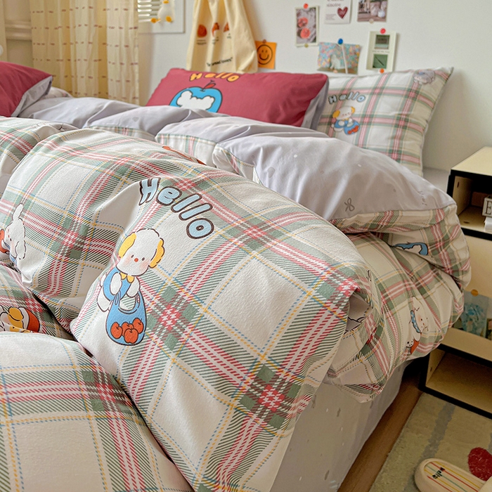 91家纺网 家纺一手货源 找家纺 海岛哥哥 2025新款105克软绵绵大版枕套四件套系列-大床图（有买家秀）复古绿格狗