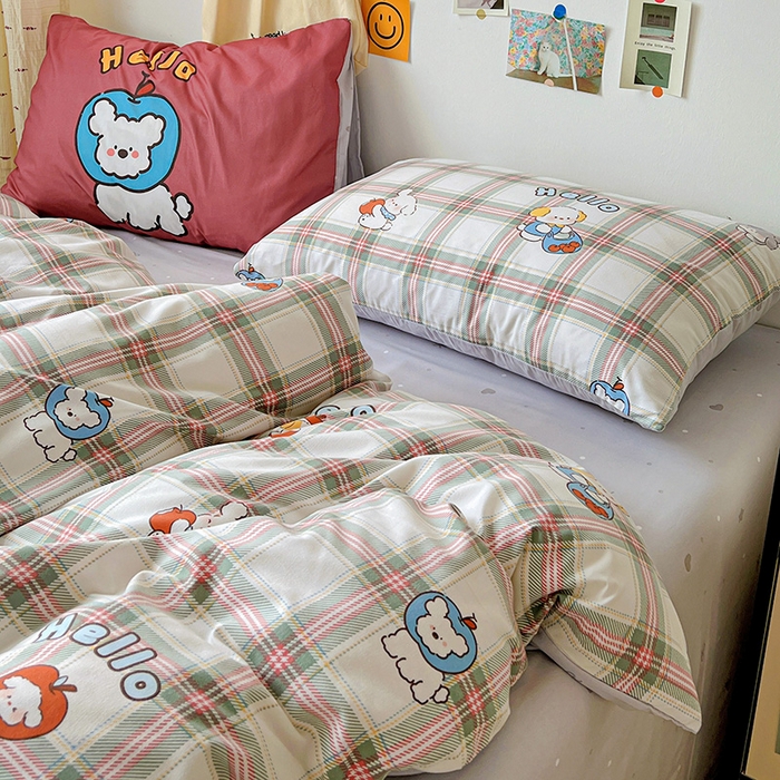 91家纺网 家纺一手货源 找家纺 海岛哥哥 2025新款105克软绵绵大版枕套四件套系列-大床图（有买家秀）复古绿格狗