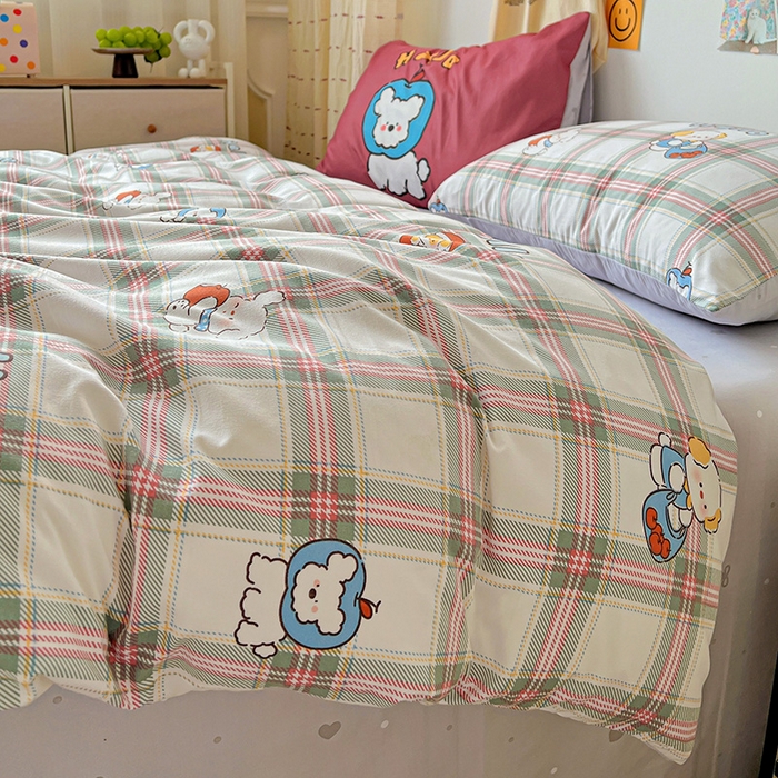 91家纺网 家纺一手货源 找家纺 海岛哥哥 2025新款105克软绵绵大版枕套四件套系列-大床图（有买家秀）复古绿格狗