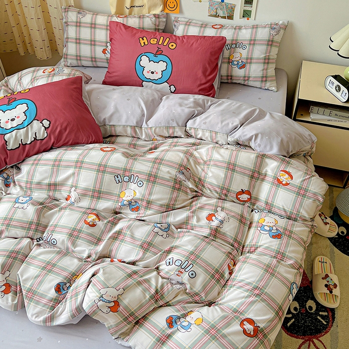 91家纺网 家纺一手货源 找家纺 海岛哥哥 2025新款105克软绵绵大版枕套四件套系列-大床图（有买家秀）复古绿格狗