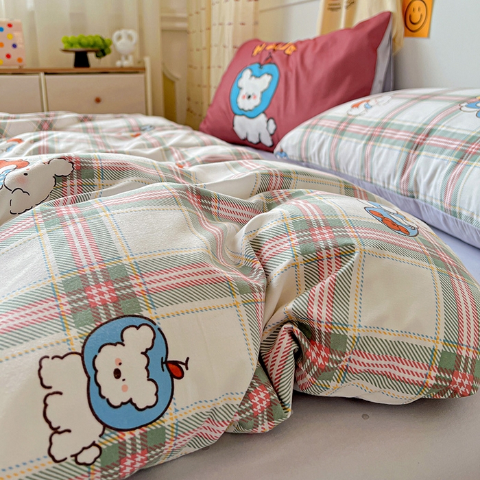 91家纺网 家纺一手货源 找家纺 海岛哥哥 2025新款105克软绵绵大版枕套四件套系列-大床图（有买家秀）复古绿格狗