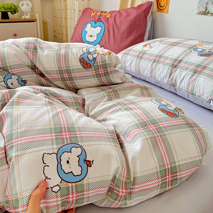 91家纺网 家纺一手货源 找家纺 海岛哥哥 2025新款105克软绵绵大版枕套四件套系列-大床图（有买家秀）复古绿格狗