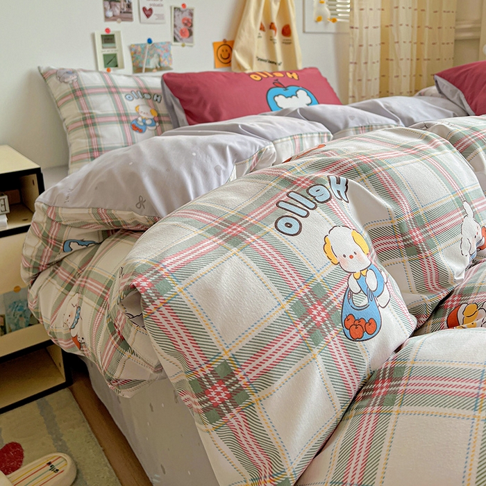 91家纺网 家纺一手货源 找家纺 海岛哥哥 2025新款105克软绵绵大版枕套四件套系列-大床图（有买家秀）复古绿格狗