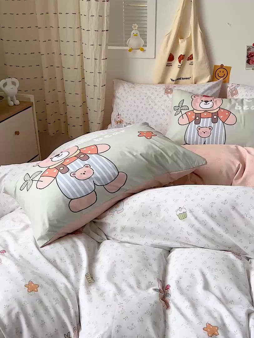 91家纺网 家纺一手货源 找家纺 海岛哥哥 2025新款105克软绵绵大版枕套四件套系列-大床图（有买家秀）贝儿小熊