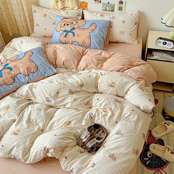 91家纺网 家纺一手货源 找家纺 海岛哥哥 2025新款105克软绵绵大版枕套四件套系列-大床图（有买家秀）格子萌狗