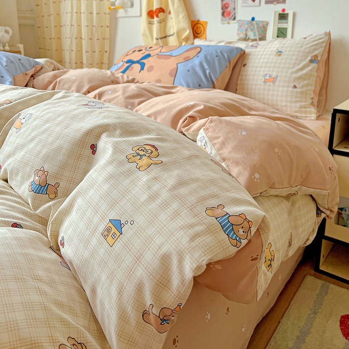 91家纺网 家纺一手货源 找家纺 海岛哥哥 2025新款105克软绵绵大版枕套四件套系列-大床图（有买家秀）格子萌狗