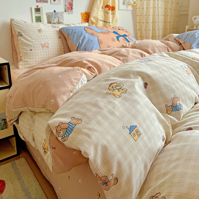 91家纺网 家纺一手货源 找家纺 海岛哥哥 2025新款105克软绵绵大版枕套四件套系列-大床图（有买家秀）格子萌狗