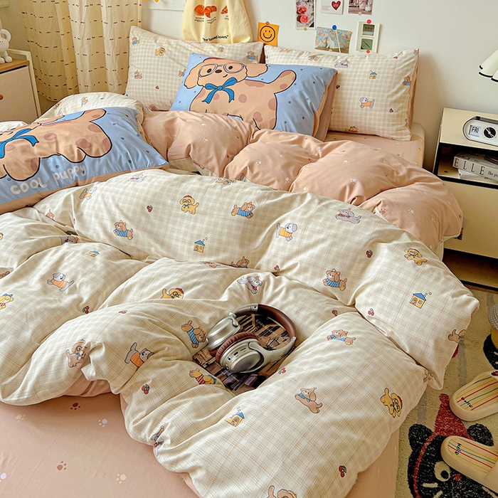 91家纺网 家纺一手货源 找家纺 海岛哥哥 2025新款105克软绵绵大版枕套四件套系列-大床图（有买家秀）格子萌狗