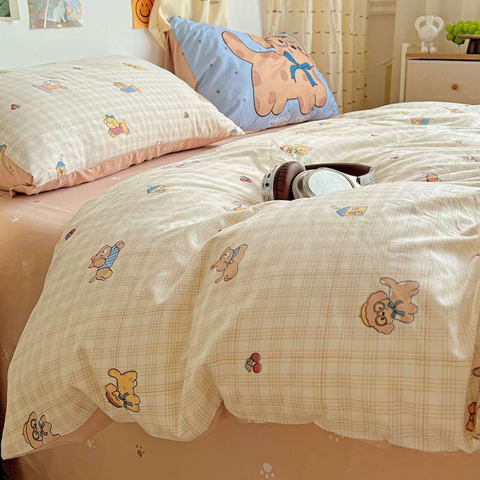 91家纺网 家纺一手货源 找家纺 海岛哥哥 2025新款105克软绵绵大版枕套四件套系列-大床图（有买家秀）格子萌狗