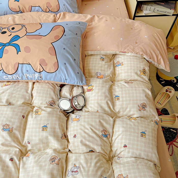 91家纺网 家纺一手货源 找家纺 海岛哥哥 2025新款105克软绵绵大版枕套四件套系列-大床图（有买家秀）格子萌狗