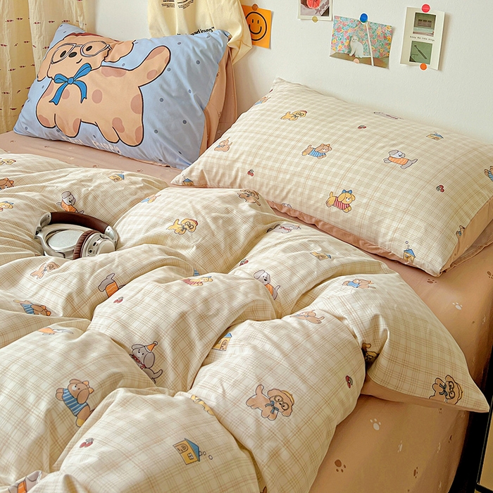 91家纺网 家纺一手货源 找家纺 海岛哥哥 2025新款105克软绵绵大版枕套四件套系列-大床图（有买家秀）格子萌狗