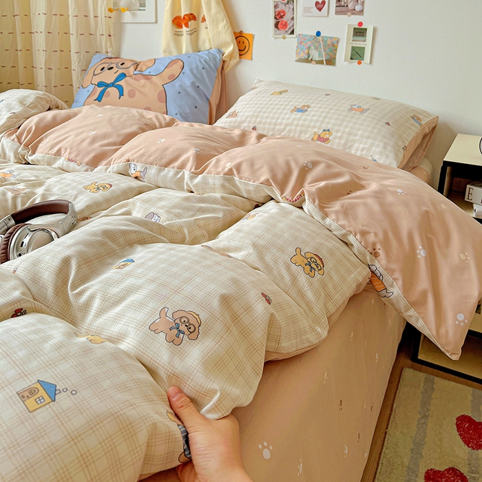 91家纺网 家纺一手货源 找家纺 海岛哥哥 2025新款105克软绵绵大版枕套四件套系列-大床图（有买家秀）格子萌狗