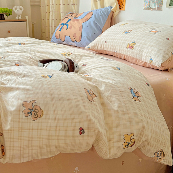 91家纺网 家纺一手货源 找家纺 海岛哥哥 2025新款105克软绵绵大版枕套四件套系列-大床图（有买家秀）格子萌狗