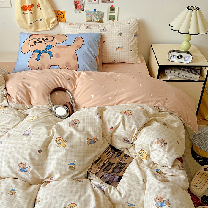 91家纺网 家纺一手货源 找家纺 海岛哥哥 2025新款105克软绵绵大版枕套四件套系列-大床图（有买家秀）格子萌狗