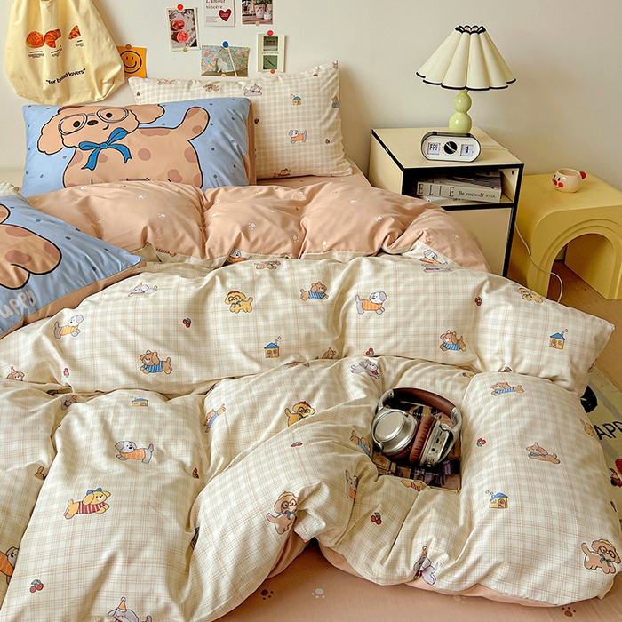 91家纺网 家纺一手货源 找家纺 海岛哥哥 2025新款105克软绵绵大版枕套四件套系列-大床图（有买家秀）格子萌狗