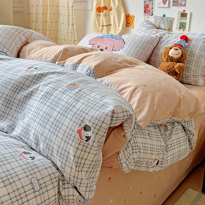 91家纺网 家纺一手货源 找家纺 海岛哥哥 2025新款105克软绵绵大版枕套四件套系列-大床图（有买家秀）灰蓝小狗