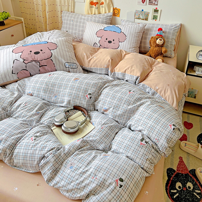 91家纺网 家纺一手货源 找家纺 海岛哥哥 2025新款105克软绵绵大版枕套四件套系列-大床图（有买家秀）灰蓝小狗