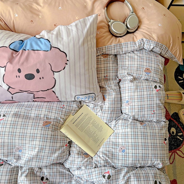 91家纺网 家纺一手货源 找家纺 海岛哥哥 2025新款105克软绵绵大版枕套四件套系列-大床图（有买家秀）灰蓝小狗