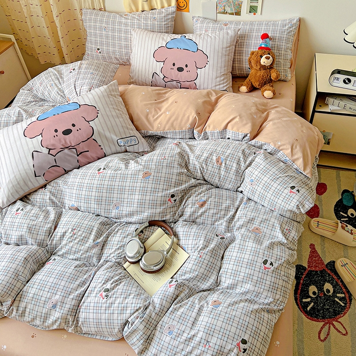 91家纺网 家纺一手货源 找家纺 海岛哥哥 2025新款105克软绵绵大版枕套四件套系列-大床图（有买家秀）灰蓝小狗