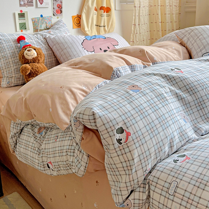 91家纺网 家纺一手货源 找家纺 海岛哥哥 2025新款105克软绵绵大版枕套四件套系列-大床图（有买家秀）灰蓝小狗