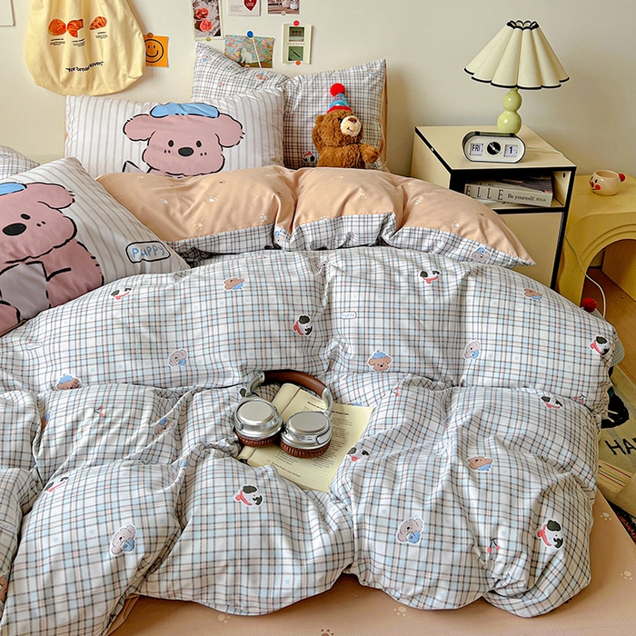 91家纺网 家纺一手货源 找家纺 海岛哥哥 2025新款105克软绵绵大版枕套四件套系列-大床图（有买家秀）灰蓝小狗