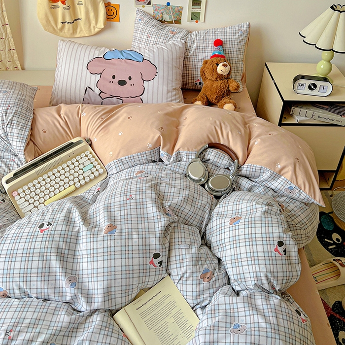 91家纺网 家纺一手货源 找家纺 海岛哥哥 2025新款105克软绵绵大版枕套四件套系列-大床图（有买家秀）灰蓝小狗