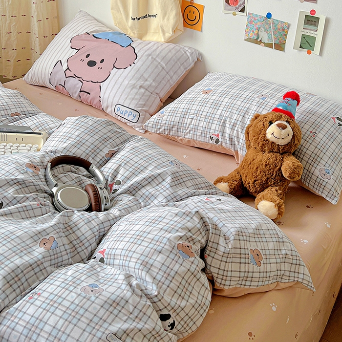 91家纺网 家纺一手货源 找家纺 海岛哥哥 2025新款105克软绵绵大版枕套四件套系列-大床图（有买家秀）灰蓝小狗