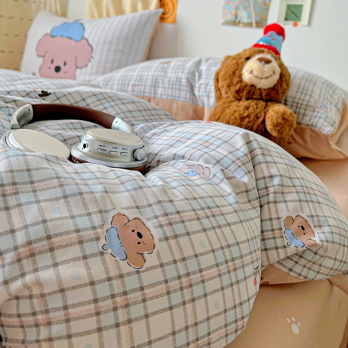 91家纺网 家纺一手货源 找家纺 海岛哥哥 2025新款105克软绵绵大版枕套四件套系列-大床图（有买家秀）灰蓝小狗