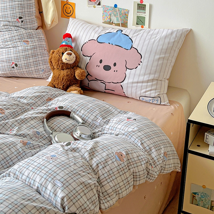 91家纺网 家纺一手货源 找家纺 海岛哥哥 2025新款105克软绵绵大版枕套四件套系列-大床图（有买家秀）灰蓝小狗