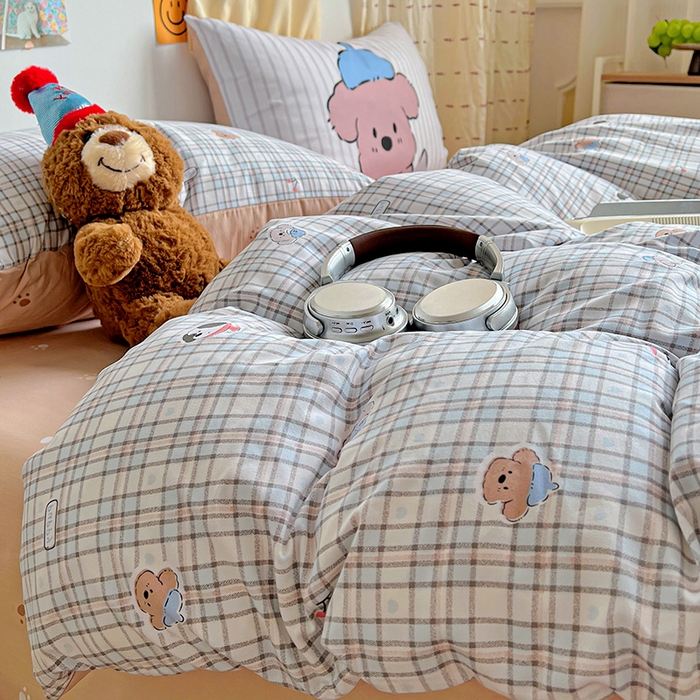 91家纺网 家纺一手货源 找家纺 海岛哥哥 2025新款105克软绵绵大版枕套四件套系列-大床图（有买家秀）灰蓝小狗