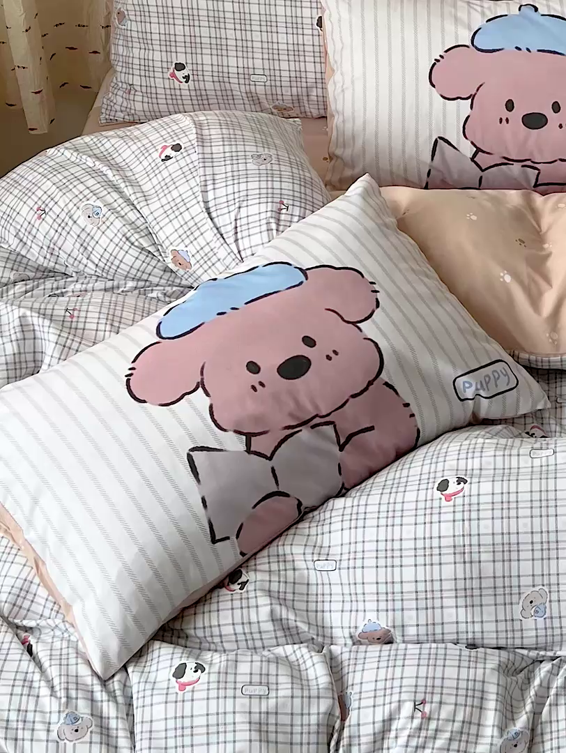 91家纺网 家纺一手货源 找家纺 海岛哥哥 2025新款105克软绵绵大版枕套四件套系列-大床图（有买家秀）灰蓝小狗