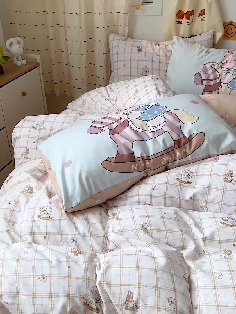 91家纺网 家纺一手货源 找家纺 海岛哥哥 2025新款105克软绵绵大版枕套四件套系列-大床图（有买家秀）可可小兔