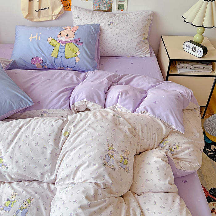 91家纺网 家纺一手货源 找家纺 海岛哥哥 2025新款105克软绵绵大版枕套四件套系列-大床图（有买家秀）萌兔花园米