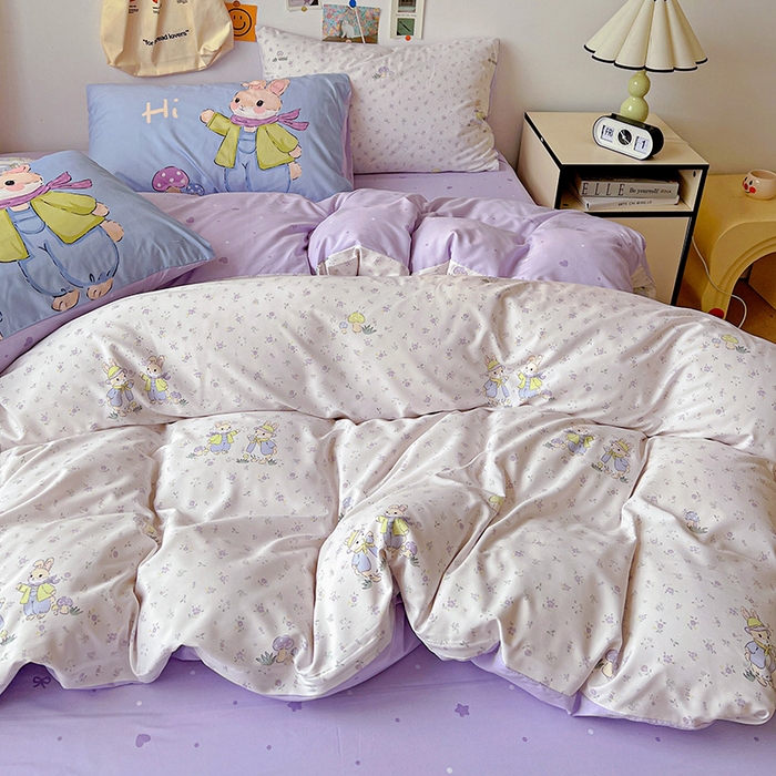 91家纺网 家纺一手货源 找家纺 海岛哥哥 2025新款105克软绵绵大版枕套四件套系列-大床图（有买家秀）萌兔花园米