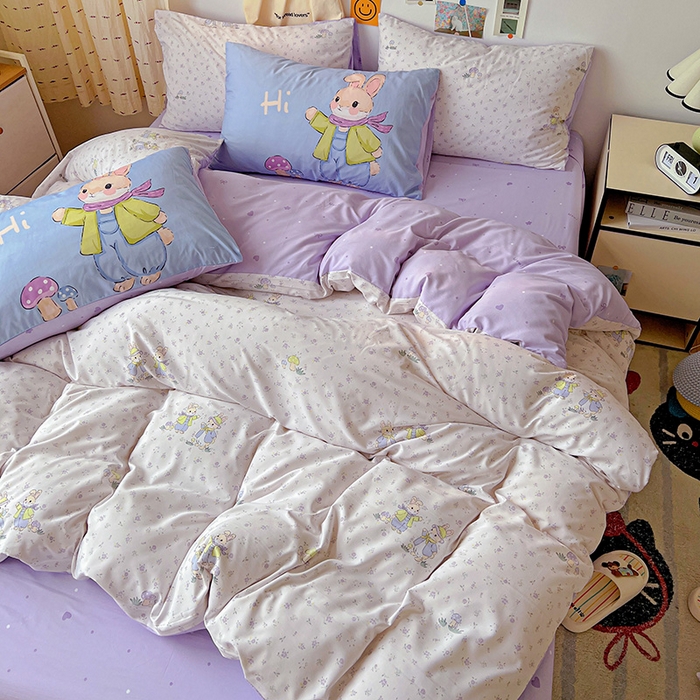 91家纺网 家纺一手货源 找家纺 海岛哥哥 2025新款105克软绵绵大版枕套四件套系列-大床图（有买家秀）萌兔花园米