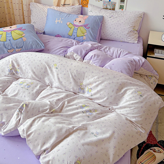 91家纺网 家纺一手货源 找家纺 海岛哥哥 2025新款105克软绵绵大版枕套四件套系列-大床图（有买家秀）萌兔花园米