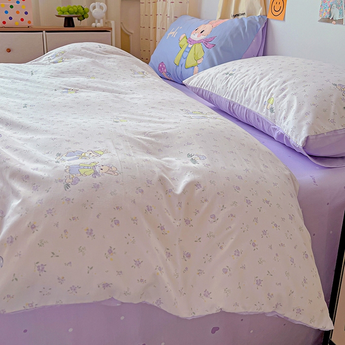 91家纺网 家纺一手货源 找家纺 海岛哥哥 2025新款105克软绵绵大版枕套四件套系列-大床图（有买家秀）萌兔花园米