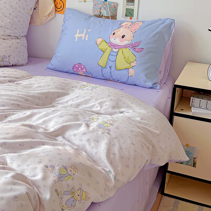 91家纺网 家纺一手货源 找家纺 海岛哥哥 2025新款105克软绵绵大版枕套四件套系列-大床图（有买家秀）萌兔花园米