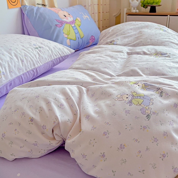 91家纺网 家纺一手货源 找家纺 海岛哥哥 2025新款105克软绵绵大版枕套四件套系列-大床图（有买家秀）萌兔花园米