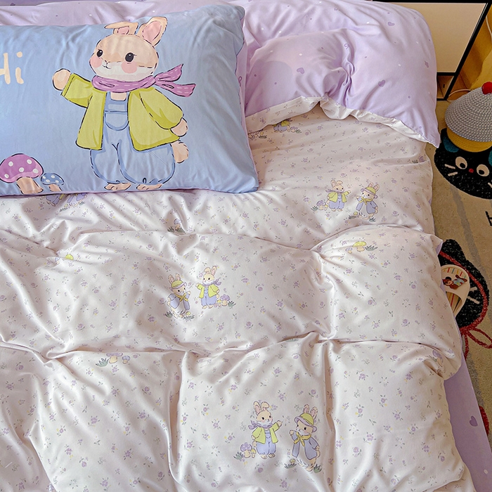 91家纺网 家纺一手货源 找家纺 海岛哥哥 2025新款105克软绵绵大版枕套四件套系列-大床图（有买家秀）萌兔花园米