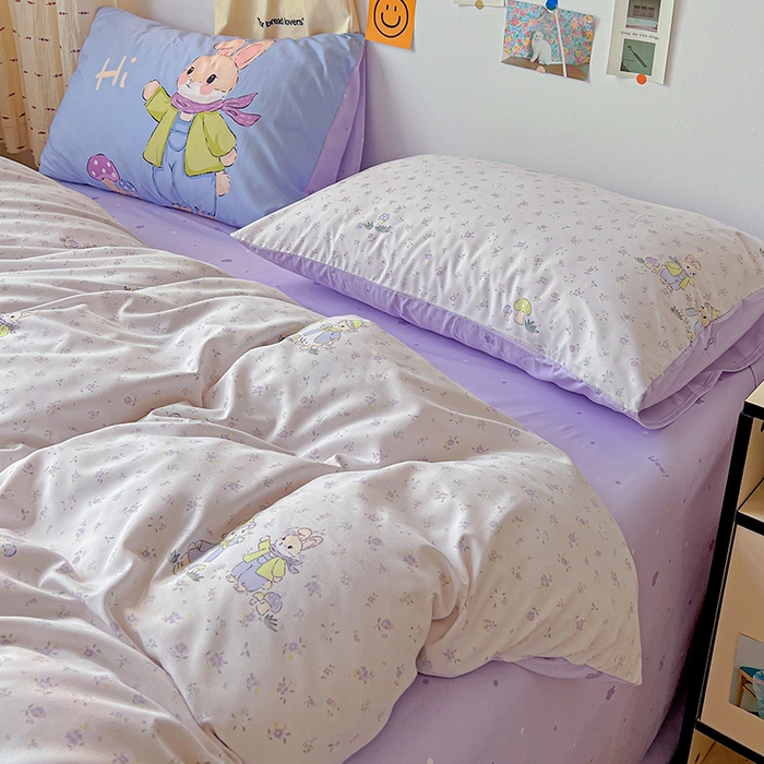 91家纺网 家纺一手货源 找家纺 海岛哥哥 2025新款105克软绵绵大版枕套四件套系列-大床图（有买家秀）萌兔花园米