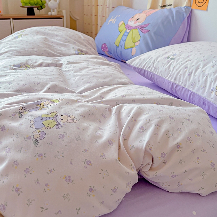 91家纺网 家纺一手货源 找家纺 海岛哥哥 2025新款105克软绵绵大版枕套四件套系列-大床图（有买家秀）萌兔花园米