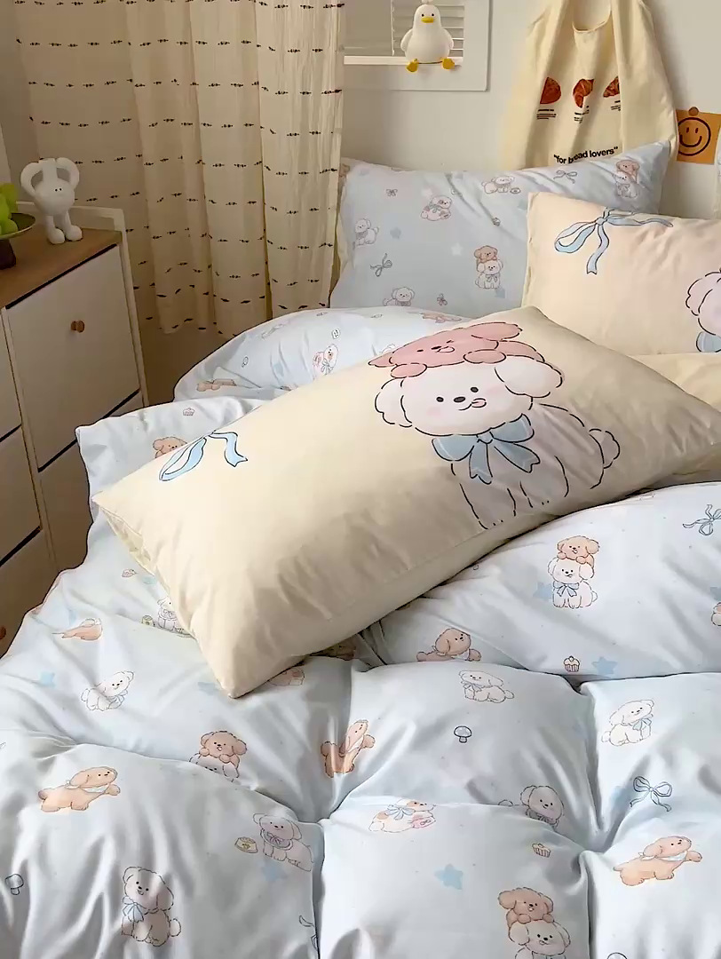 91家纺网 家纺一手货源 找家纺 海岛哥哥 2025新款105克软绵绵大版枕套四件套系列-大床图（有买家秀）奶芙小狗