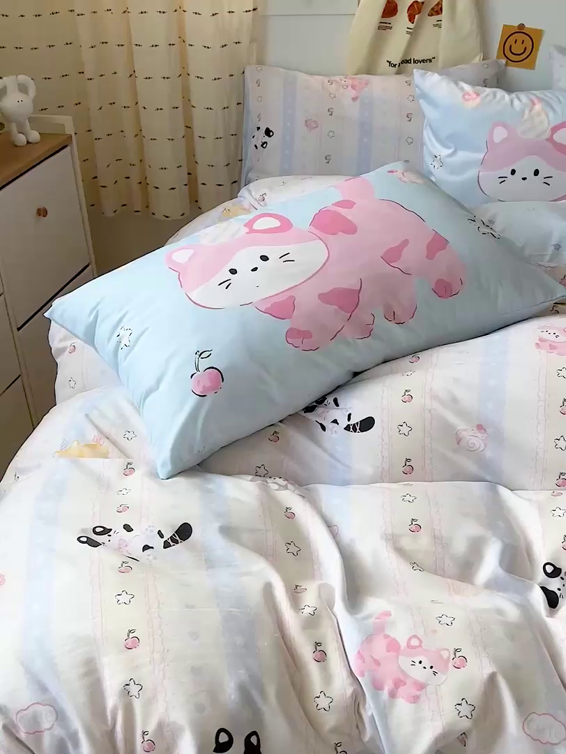 91家纺网 家纺一手货源 找家纺 海岛哥哥 2025新款105克软绵绵大版枕套四件套系列-大床图（有买家秀）甜心小猫