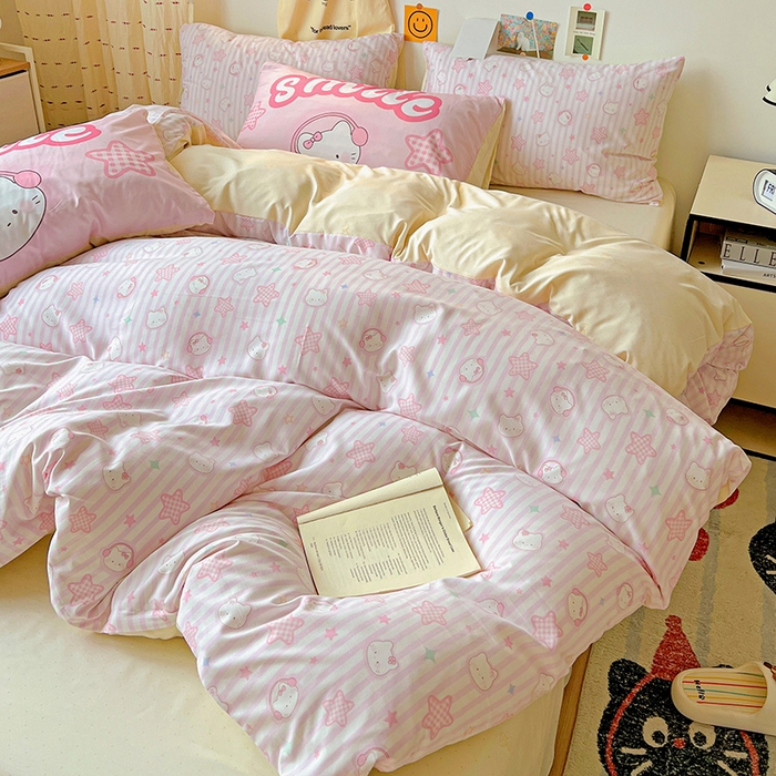 91家纺网 家纺一手货源 找家纺 海岛哥哥 2025新款105克软绵绵大版枕套四件套系列-大床图（有买家秀）星星凯蒂粉