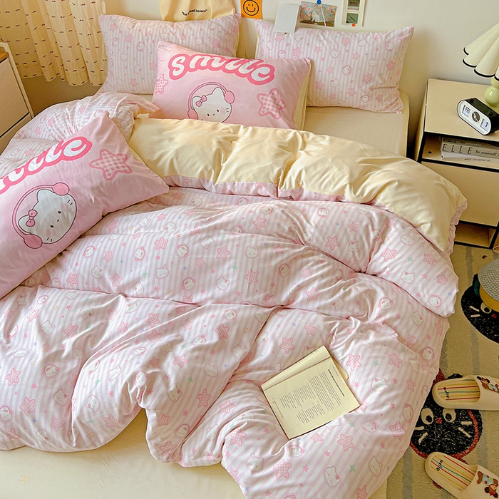 91家纺网 家纺一手货源 找家纺 海岛哥哥 2025新款105克软绵绵大版枕套四件套系列-大床图（有买家秀）星星凯蒂粉